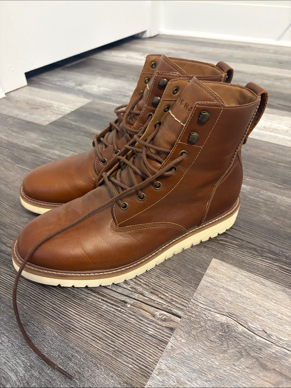 Cole Haan Men's Tan Leather Lace-Up Work Boots with Cream Sole